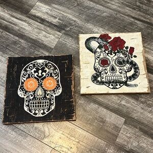 Decorative Skull Art Set - Black and White with Red Accents